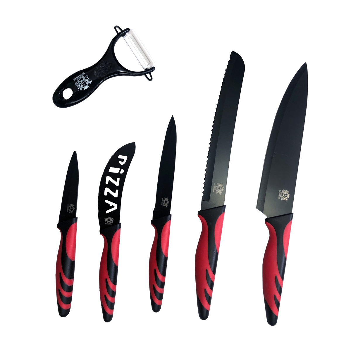 Juego de 6 Cuchillos de Cocina Profesionales, Cuchillos de Acero Inoxidable con Revestimiento y Filo de Alta Precisión, Excelente Durabilidad, Mango Ergonómico, Fácil de Limpiar, Ideal como Regalo, Incluye 4 Cuchillos, 1 Cortador de Pizza y 1 Pelador