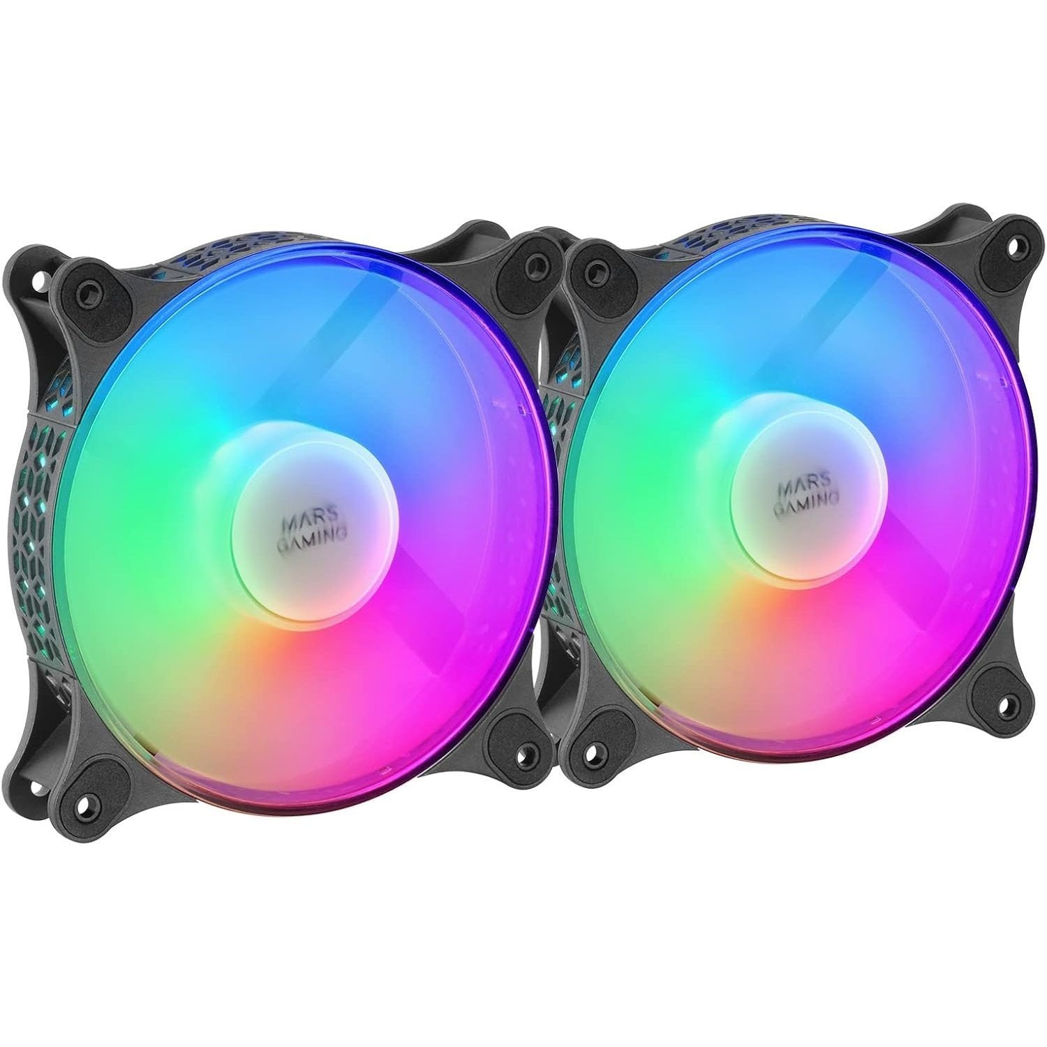 Mars Gaming MFDUO, Kit 2x Ventiladores de 120mm FRGB Rainbow 360°, Ultra-silencioso, Doble Conexión 3PIN + 4PIN, Negro