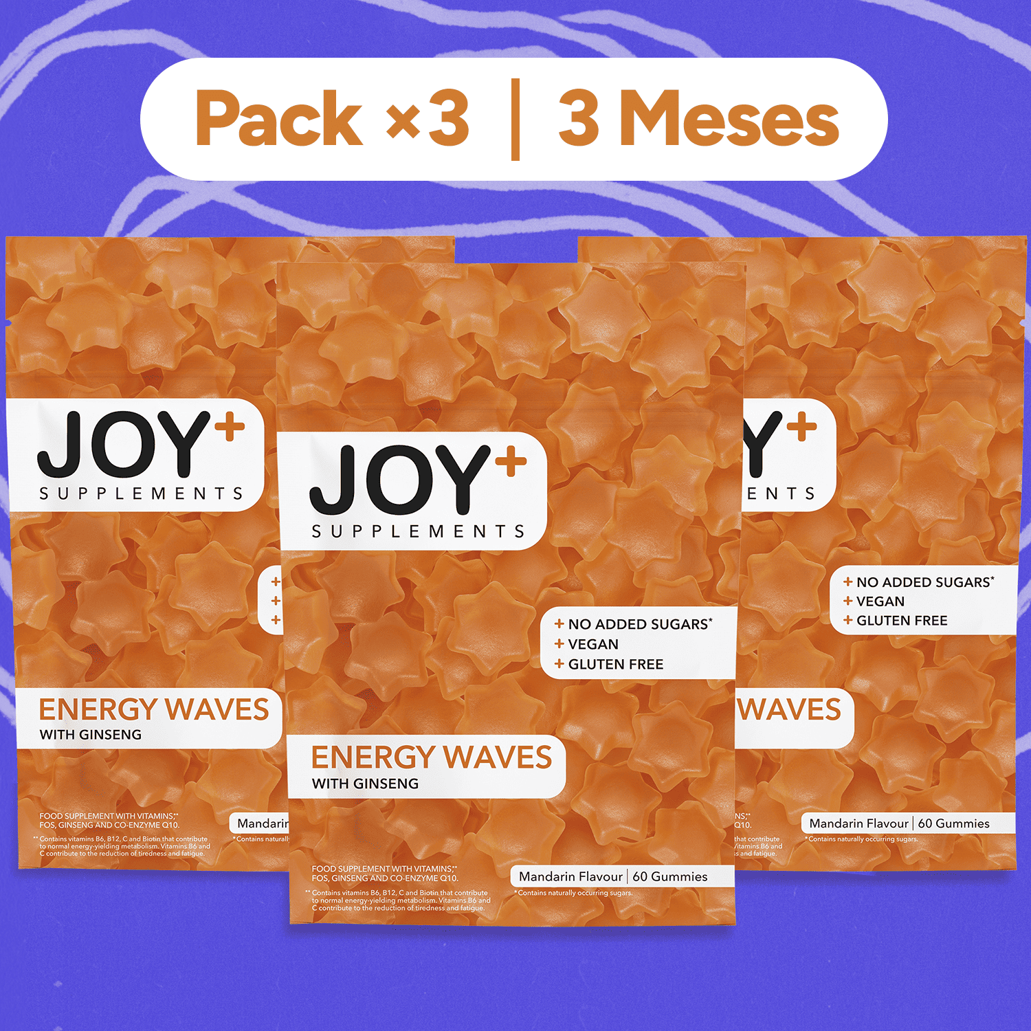 Pack x3 Gominolas de Energía Multivitamínicas con Ginseng y Coenzima Q10, Sabor Mandarina, 3 x 60 Gummies, 180 Gummies - Joy+ Supplements