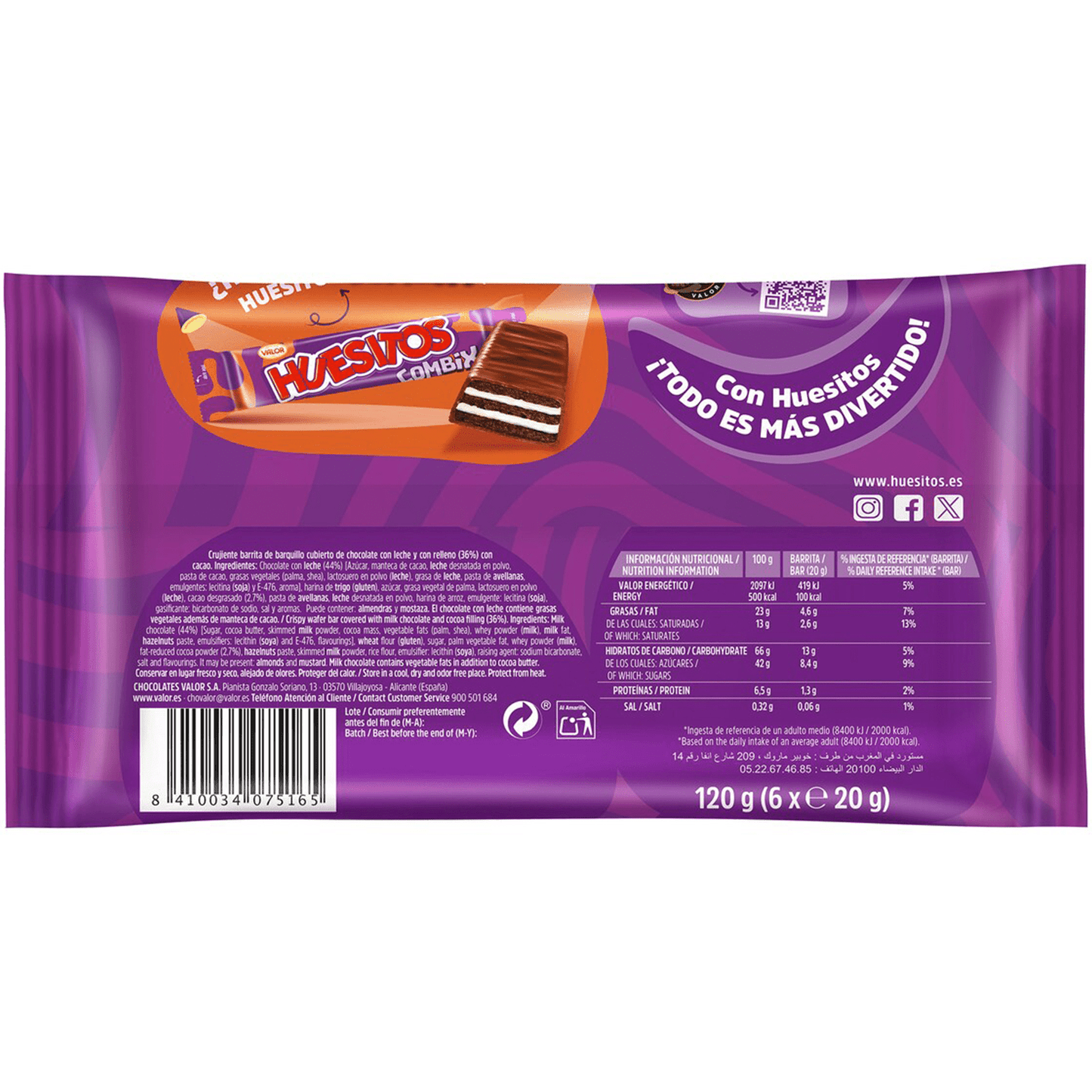 Huesitos Original Pack Ahorro 48 Unidades, Barritas de Barquillo Recubiertas de Chocolate con Leche, Chocolate VALOR, 20g por Barrita, 8 Paquetes de 6 Unidades