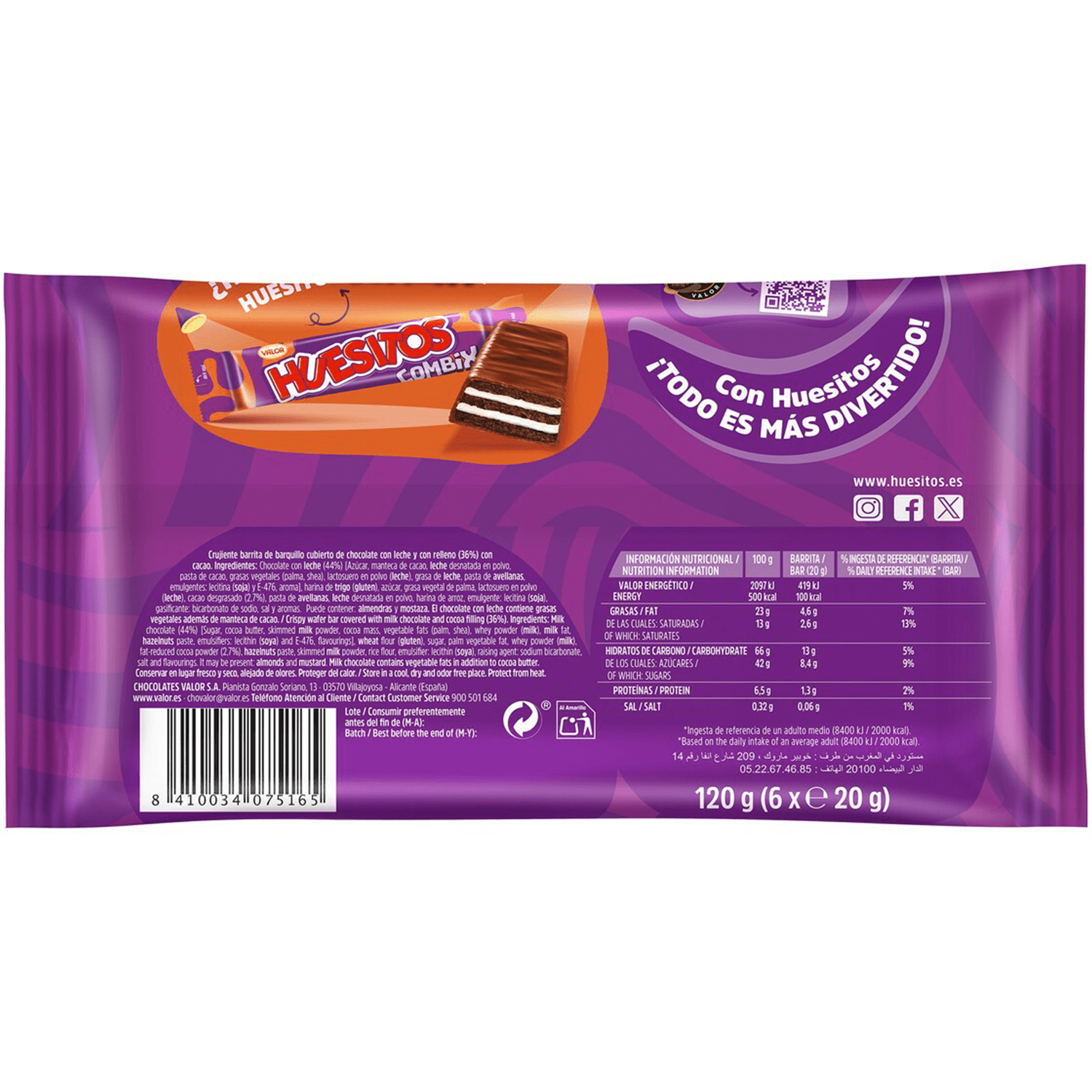 Huesitos Original Pack Ahorro 48 Unidades, Barritas de Barquillo Recubiertas de Chocolate con Leche, Chocolate VALOR, 20g por Barrita, 8 Paquetes de 6 Unidades