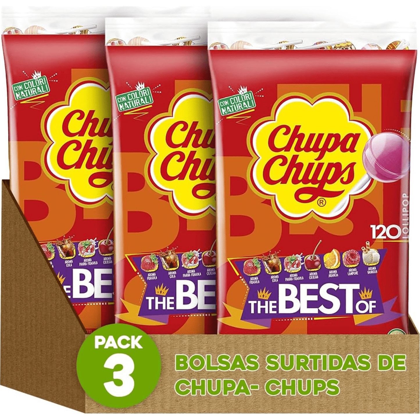Chupa Chups Caramelo con Palo de Sabores Variados, Piruleta Caramelo, 120/240/360 Chupa Chups