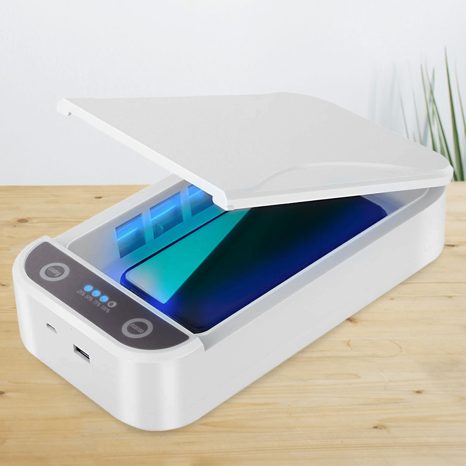 Caja Esterilizadora UV con Función de Aromaterapia, Desinfección UV en 5 Minutos, 2 Bombillas UV para Limpieza Completa 360º, Carga USB, Portátil y Facil de Usar, Para Móviles de hasta 6,5¨