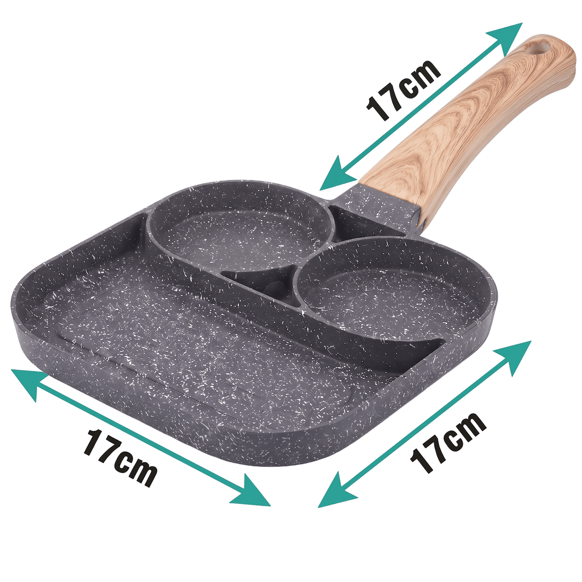 Sartén de 3 Compartimentos, Fabricado en Aluminio de Alta Calidad, Fácil Limpieza, Revestimiento Antiadherente, Compatible con Todo Tipo de Cocinas, Perfecta para Huevos y Panqueques, 17 x 17cm