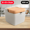 Azucarero Cocina con Tapa, Hecho de Cerámica y Madera, Capacidad de 300ml, Recipiente para Especias y Aliños, Natural, 9 x 9 x 9 cm