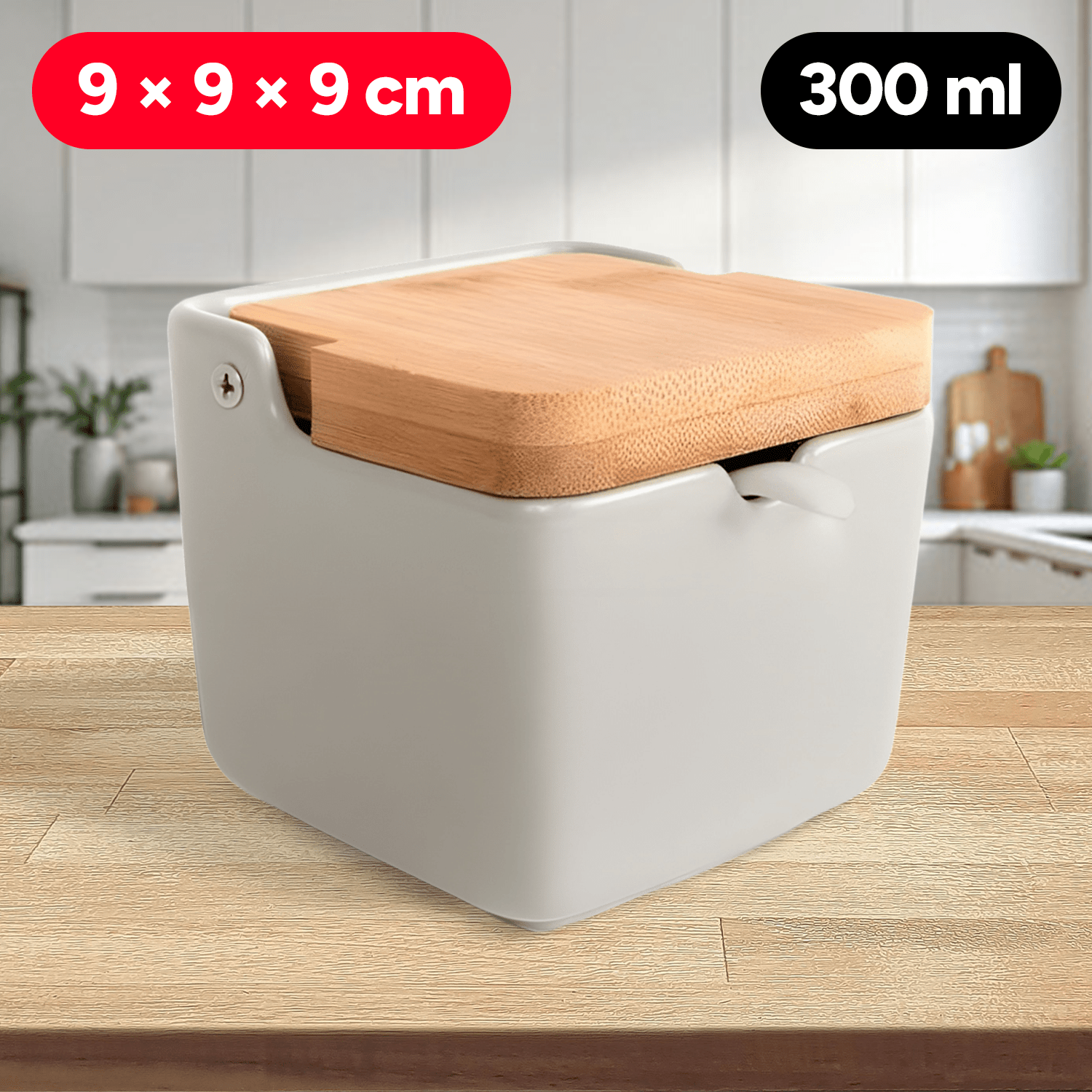 Azucarero Cocina con Tapa, Hecho de Cerámica y Madera, Capacidad de 300ml, Recipiente para Especias y Aliños, Natural, 9 x 9 x 9 cm