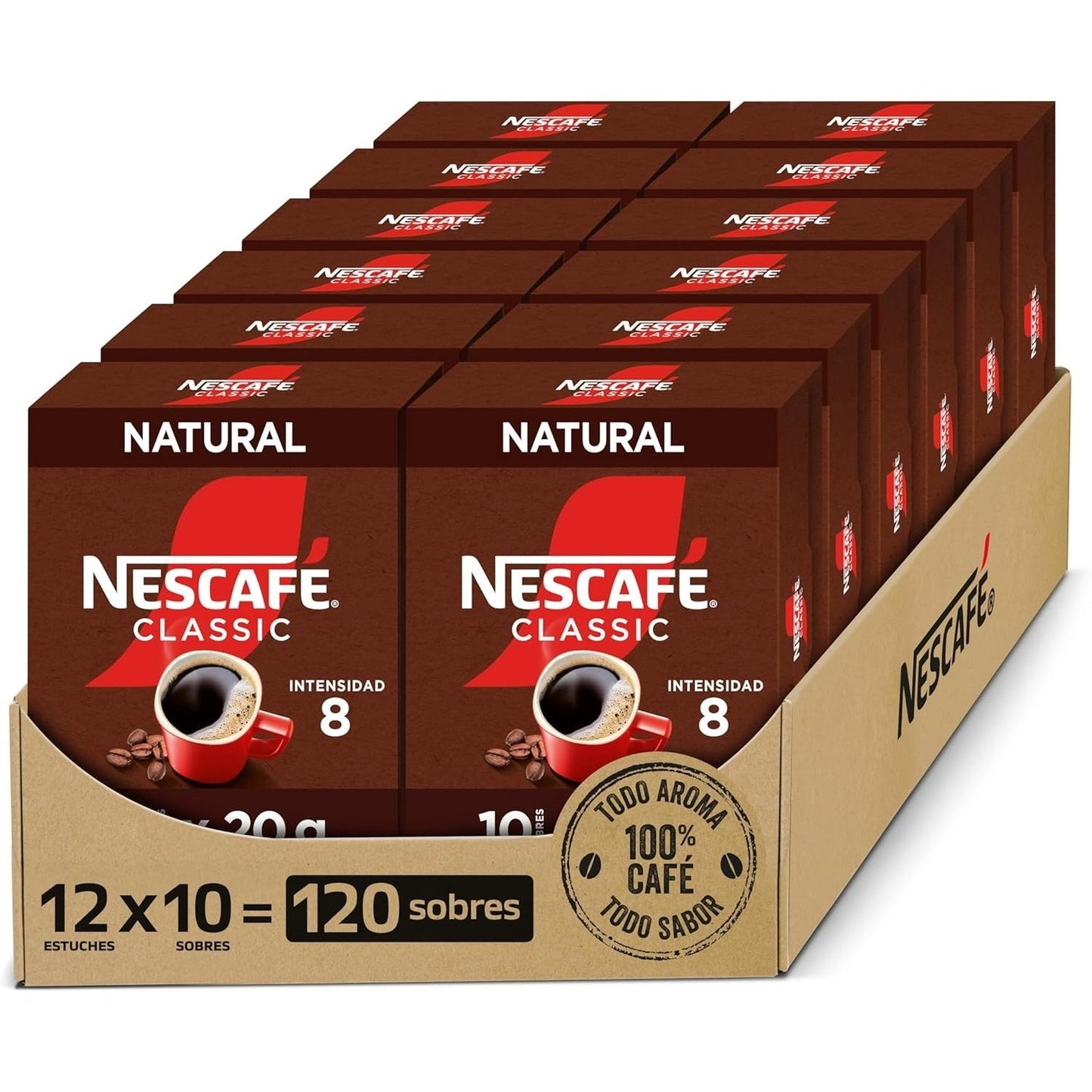 Nescafé Classic Natural, Café Soluble Natural en Sobre, 2g de Café por Sobre, Tueste Selecto, Intensidad 8, 120 Sobres