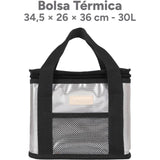 Bolsa Térmica Comida de 30L de Capacidad, Bolsa Aislamiento Isotérmico Hermética, Resistente y Espaciosa, ideal para Picnic, Playa, Camping y Excursión, Gris
