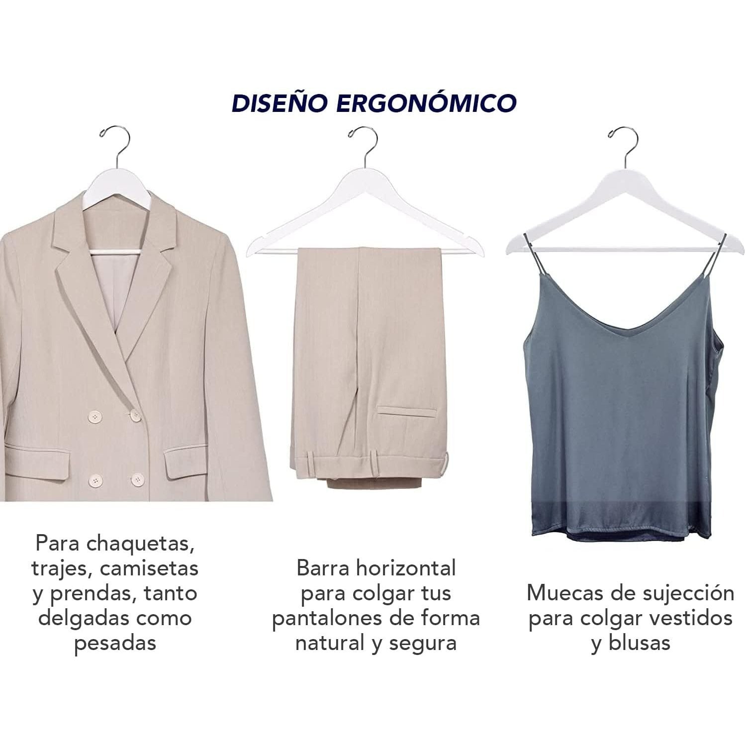 Perchas Ropa de Madera Maciza de Color Blanco, Gancho Rotatorio de 360º, Barra Horizontal, Muecas de Sujeción, Acabado en Vinilo, Perchas para Chaquetas, Trajes, Abrigos, Sudaderas