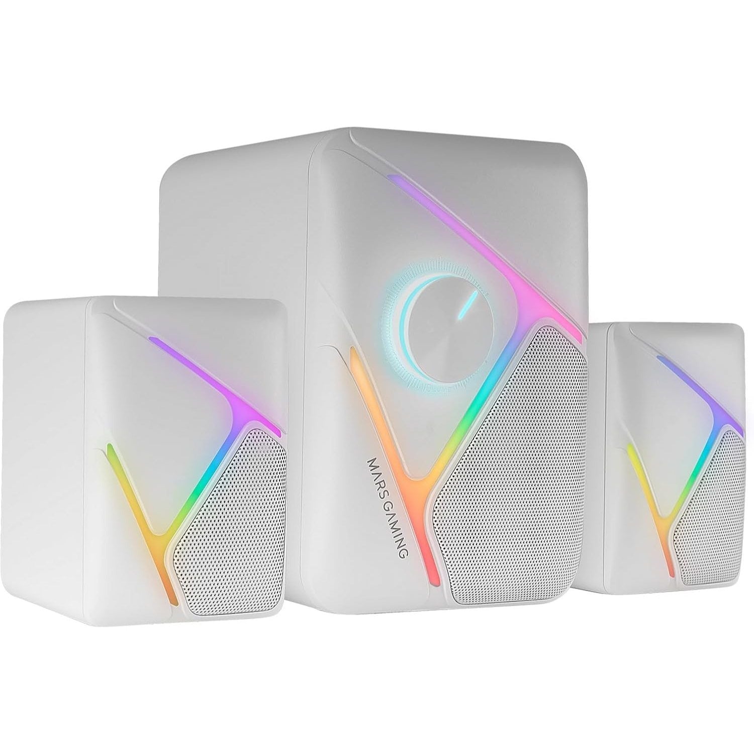 Mars Gaming MS-H21, Altavoces Gaming RGB 2.1 y Subwoofer 35W, Sistema Drivers Invertidos 3D Surround, Altavoces Compactos con Iluminación Dinámica RGB, Alimentación USB y Conector Jack 3.5mm, Blanco