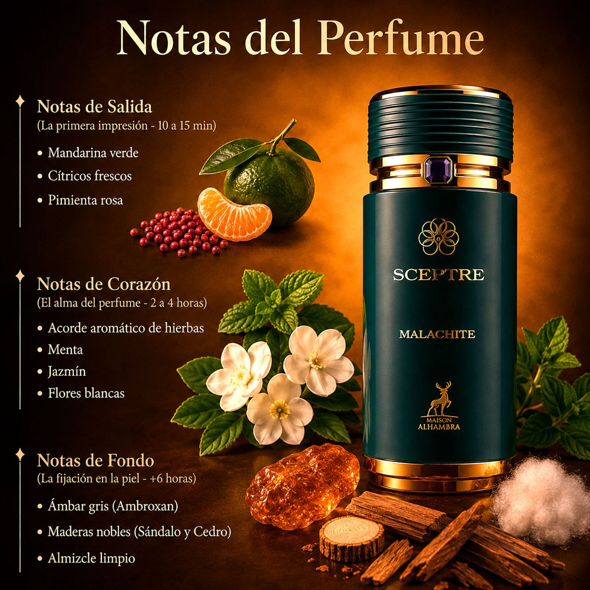 Maison Alhambra Sceptre Malachite Eau de Parfum Unisex, Perfume Árabe de Aroma Cítrico y Amaderado con Notas de Mandarina Verde, Bergamota, Jazmín y Notas Amaderadas, 100 ml