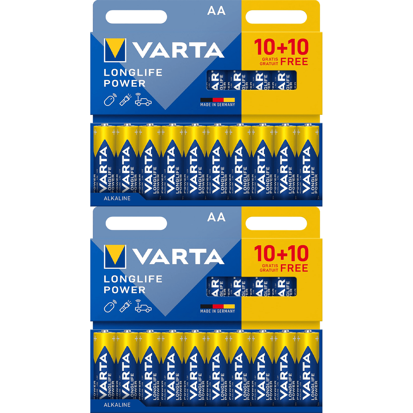 Pilas AA Alcalinas de Alto Rendimiento, VARTA Longlife Power, Ultra Larga Duración, Energía Continua, Ideal para Controles Remotos, Juguetes Electrónicos, Linternas, Lámparas, Relojes, Cámaras y Otros Dispositivos de Uso Diario - VARTA