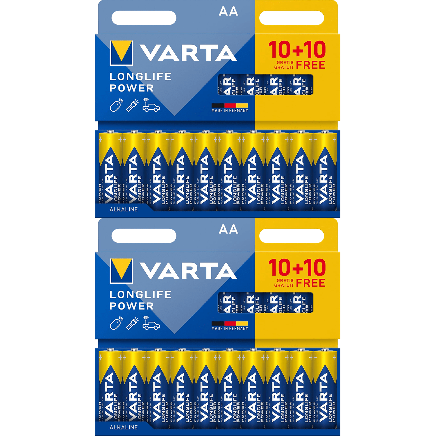 Pilas AA Alcalinas de Alto Rendimiento, VARTA Longlife Power, Ultra Larga Duración, Energía Continua, Ideal para Controles Remotos, Juguetes Electrónicos, Linternas, Lámparas, Relojes, Cámaras y Otros Dispositivos de Uso Diario - VARTA