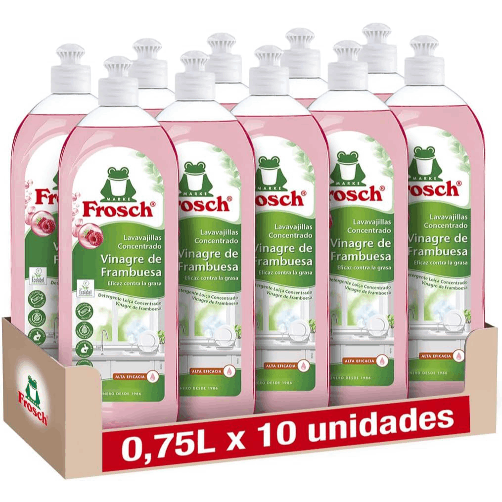 Frosch Lavavajillas Líquido Concentrado, Lavavajillas Detergente a Mano de Vinagre de Frambuesa, Extra Desengrasante y Eficaz, Pack de 10 Unidades de 750 ml, 7.5 L en Total