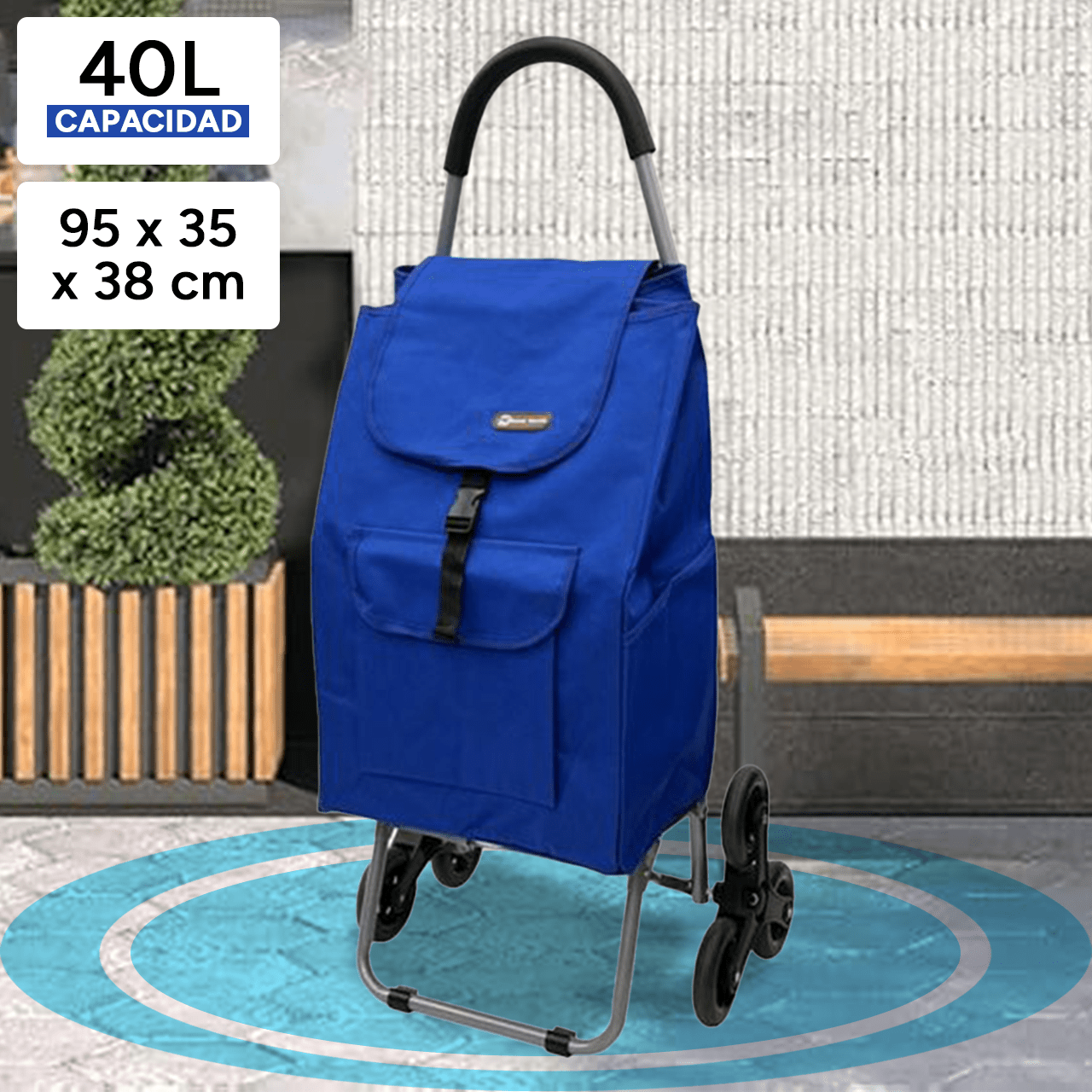 Carro Compra con Bolsillo Frontal y Lateral, Carro con 6 Ruedas Pivotantes para Trepar Escalones y Bordillos, Con Capacidad de hasta 40 Litros, Ruedas Grandes Resistentes y Estables Ideales para Facilitar el Transporte y Llevar mejor el Peso