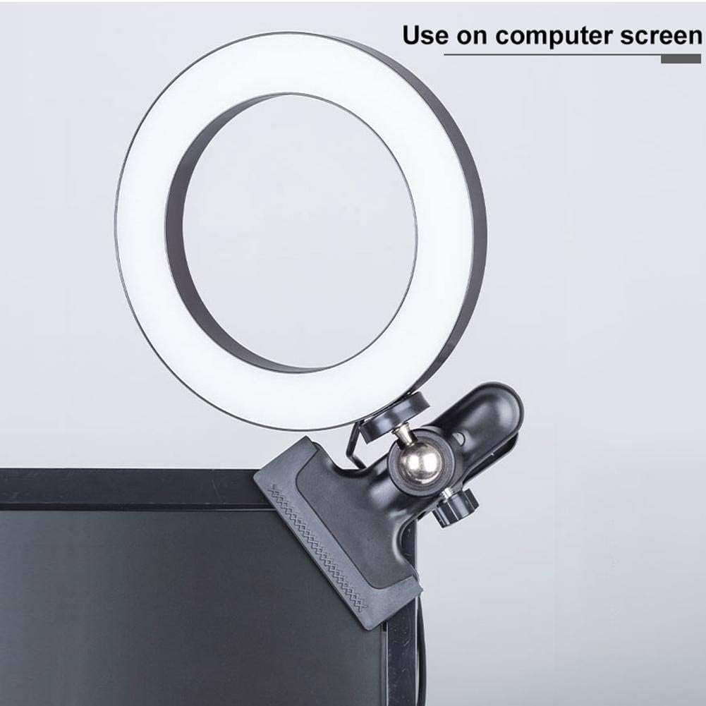 Aro de Luz con Pinza, Anillo De Luz para Selfies, 15 cm de Diámetro, Pinza de Sujección, Varios Niveles de Luz y Color Graduables, Conexión con Cable USB, Ideal para Vídeo y Fotografía, Plástico ABS y PS