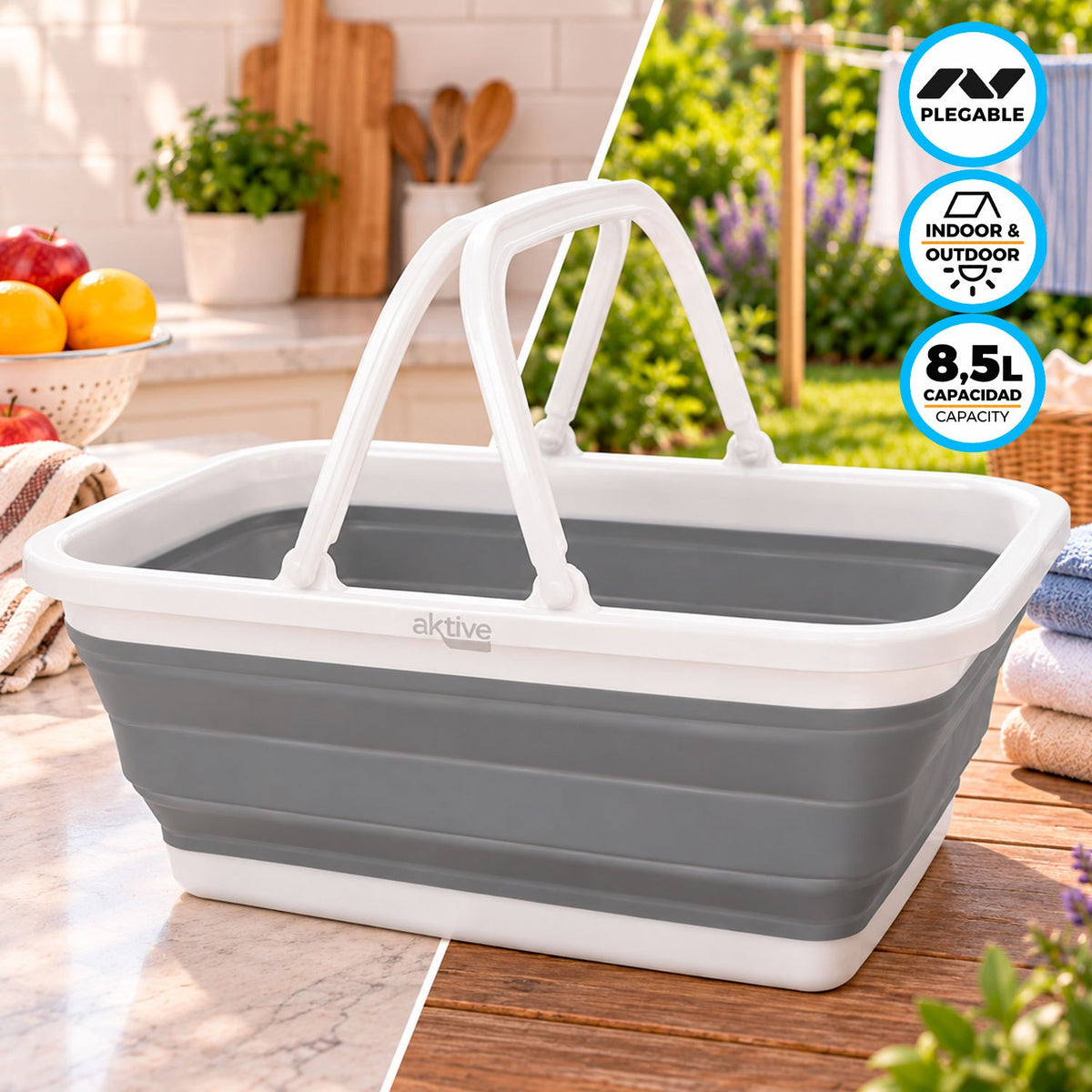 AKTIVE Cesta Plegable Multiusos, para Organización, Hogar, Camping y Viajes, Diseño Compacto que Facilita el Almacenamiento, Capacidad de 8.5 L, 38 x 28 x 15 cm