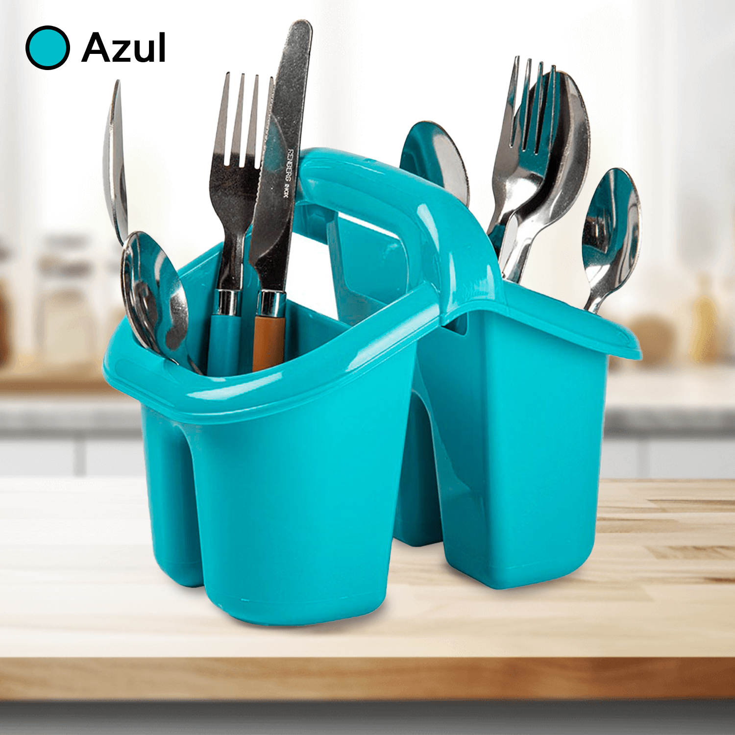 Escurridor Cubiertos con Asa, Soporte para Cubiertos y Utensilios de Cocina, Resistente, Fácil de Limpiar, 4 Compartimentos, Apto para Lavavajillas, 19 x 15,5 x 16