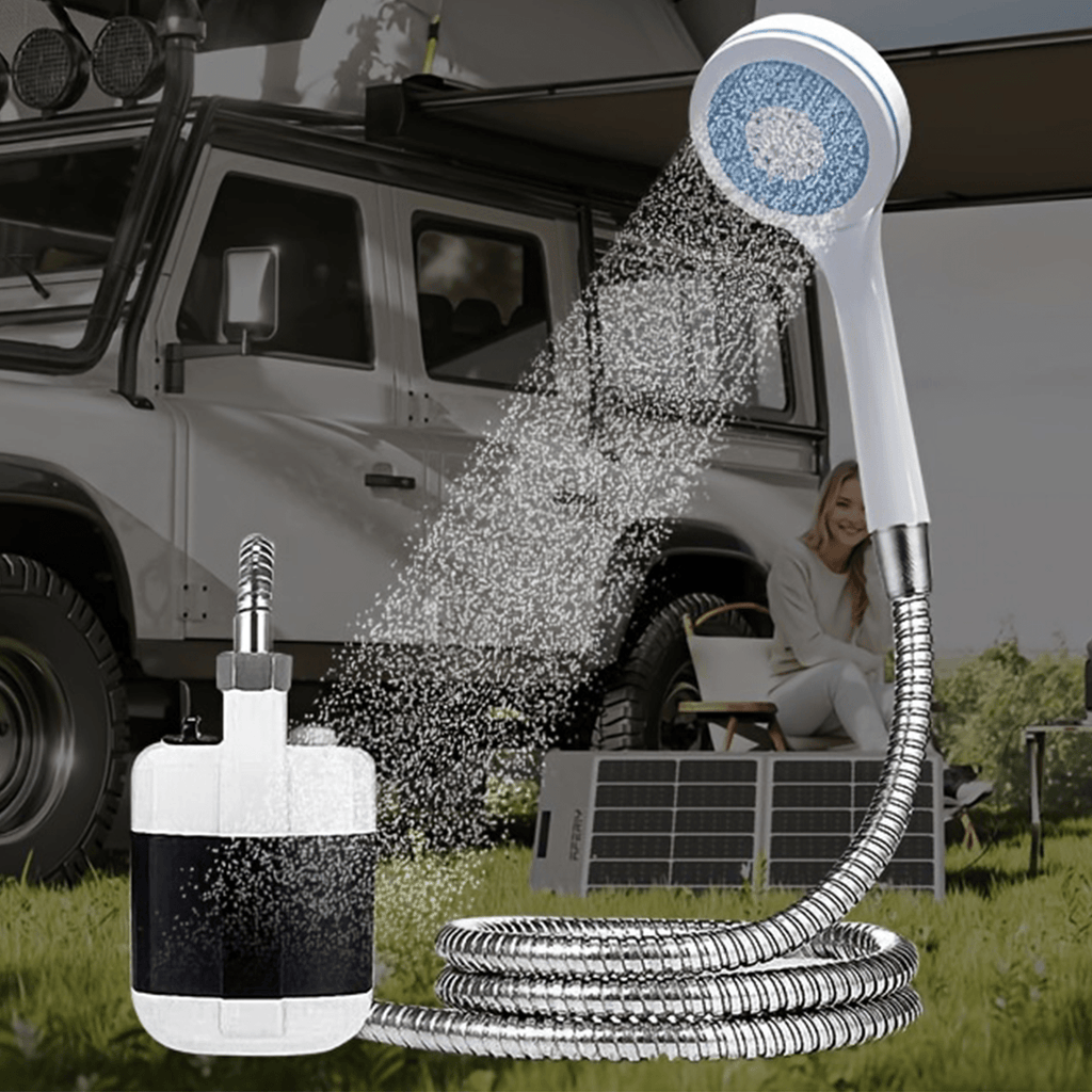 Ducha Portátil Camping Ideal para Viajes, Acampadas, Exteriores y Jardín, 150cm de Manguera, Incluye Cable de Carga USB y Soporte, Ahorra Agua, Potencia de Larga Duración, Compacta, Resistente y Fácil de Transportar, Resistencia al Agua IPX7