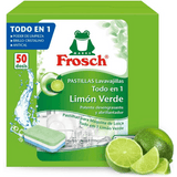Frosch Pastillas Lavavajillas a Máquina Todo en 1 con Aroma a Limón, Detergente + Abrillantador + Sal, Limpieza y Brillo, Sin Fosfatos, 50 Dosis