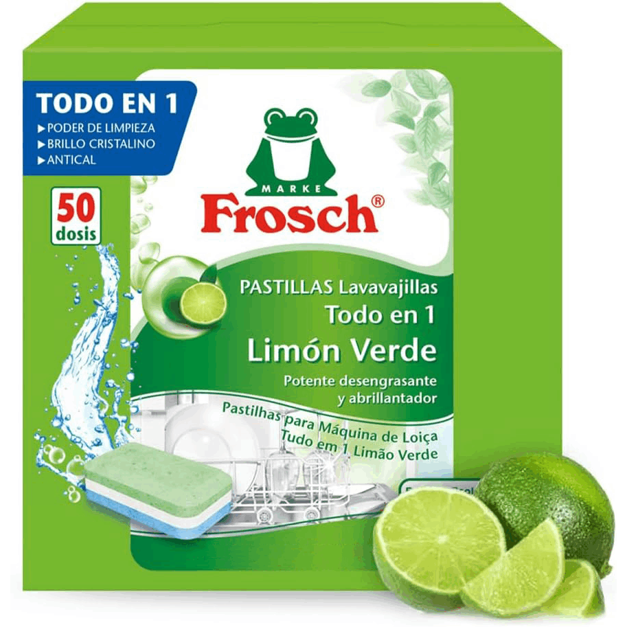 Frosch Pastillas Lavavajillas a Máquina Todo en 1 con Aroma a Limón, Detergente + Abrillantador + Sal, Limpieza y Brillo, Sin Fosfatos, 50 Dosis
