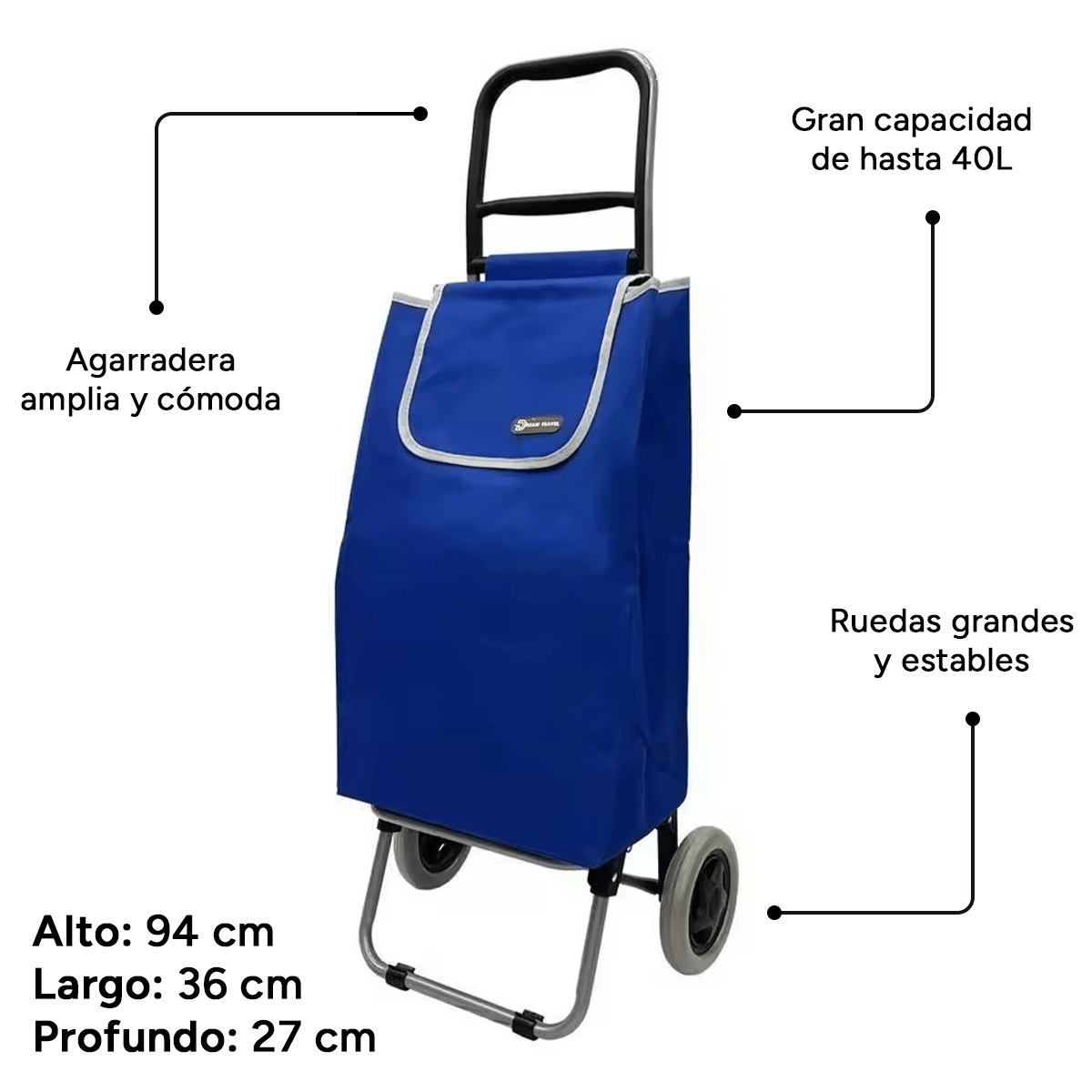 Carro Compra Plegable, Carro Plegable con Ruedas, Gran Capacidad de 40 Litros, 2 Ruedas Grandes Resistentes y Estables, Bolsa Desmontable Facilita Carga y Descarga de tus Compras, Fácil de Limpiar, Alto: 94 cm x Largo: 36 cm x Profundo: 27 cm