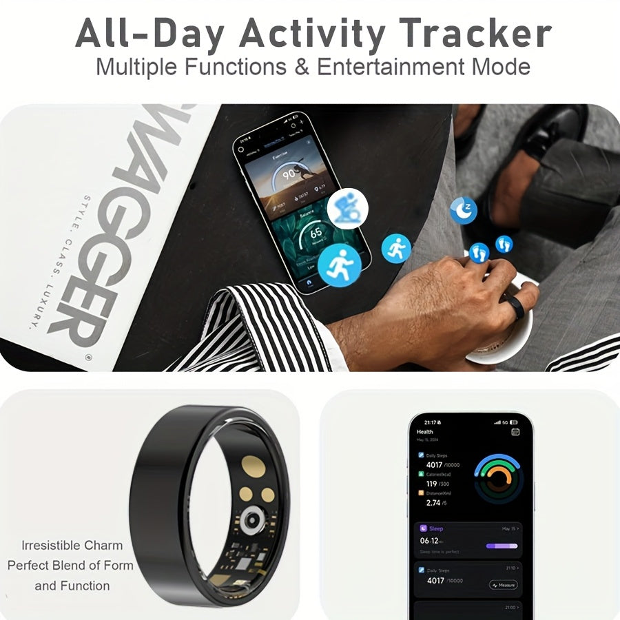 Anillo, Monitor de Pasos, Calorías y Oxígeno, Monitor y Calidad del Sueño, Bluetooth v5.1, Carga Magnética, APP JYouPro, Compatible con Android 5.0, iOS10.0 o superior, 128kb ROM + 96kb RAM - 17,5 mAh, Uso Aproximado 5-7 días