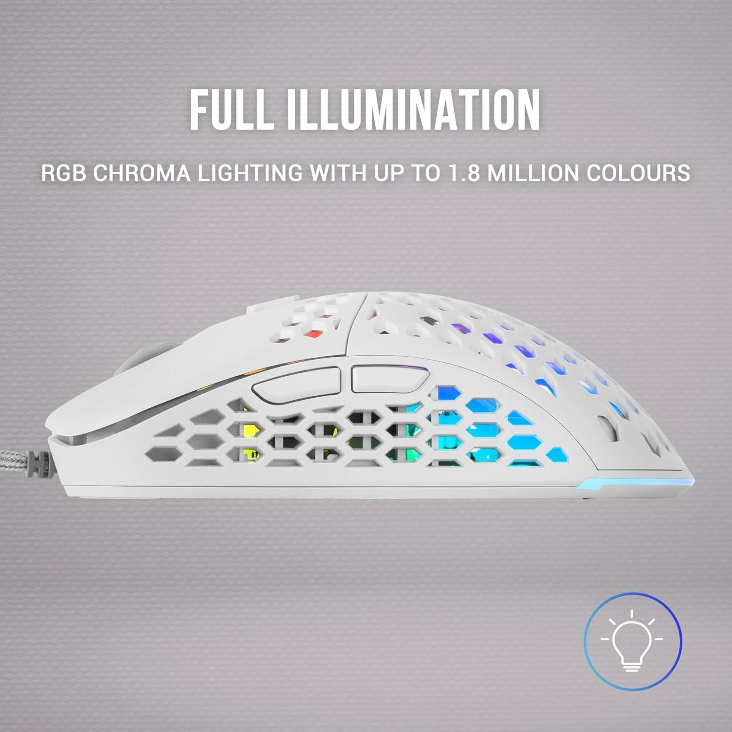Mars Gaming MM55, Ratón Gaming RGB Chroma, Ultra-Ligero 55g, Sensor Óptico 12800 dpi, Switches Mecánicos Programables HUANO, Cable Paracord, Blanco