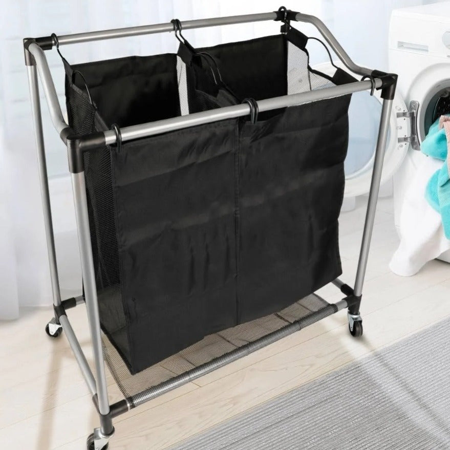 Carrito Lavandería con Robusta Estructura de Acero y 2 Bolsas de Tejido de Malla Transpirable Extraíbles, Ruedas para Fácil Transporte, Medidas de16,5 X 10,3 X 73,6 cm