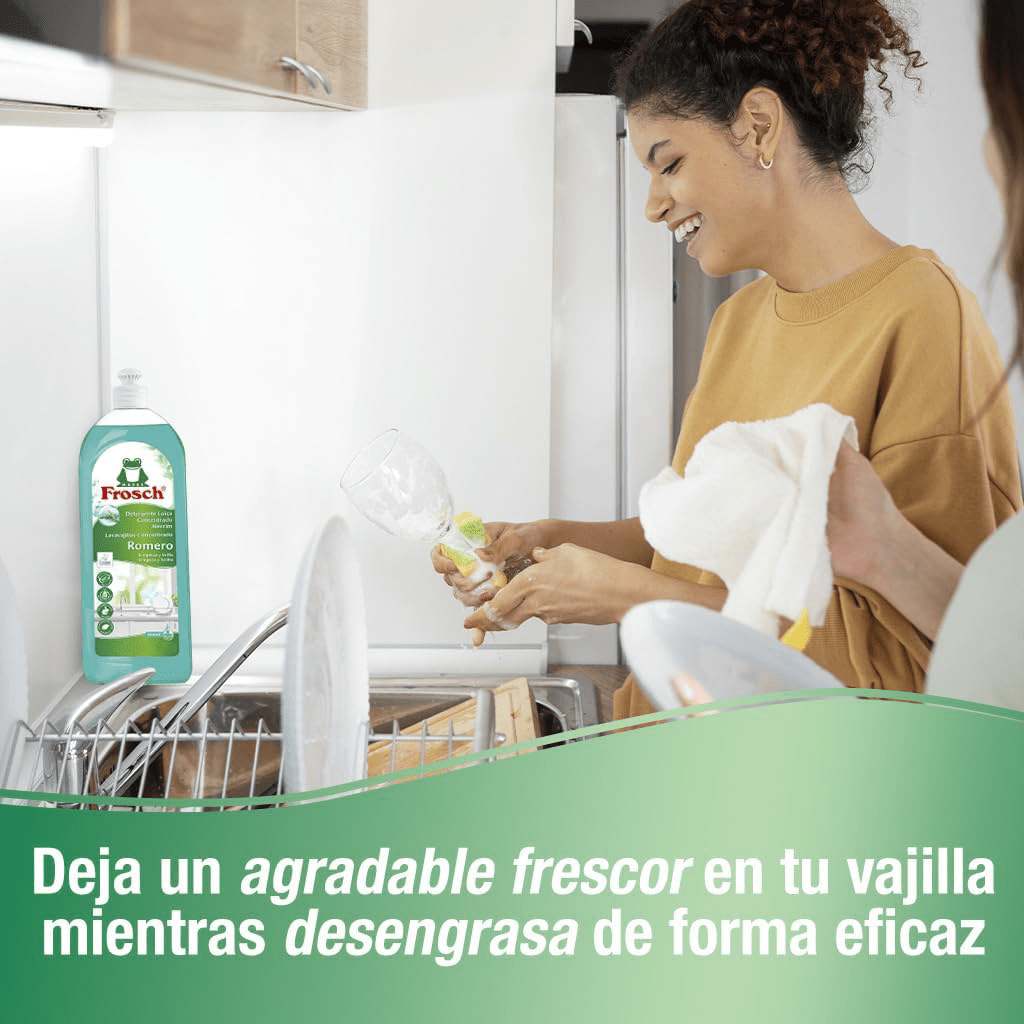Frosch Lavavajillas Líquido Concentrado, Lavavajillas Detergente a Mano con Aroma a Romero, Limpieza e Higiene Eficaz, PH Neutro, Botella de 750 ml