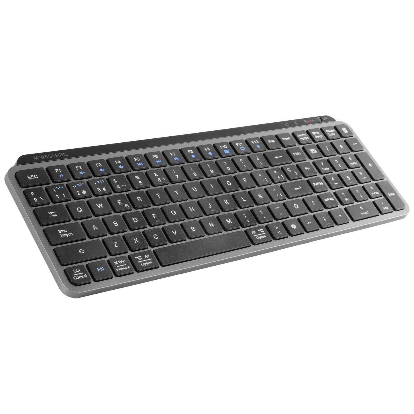 Mars Gaming MK-SILENKEYS, Teclado Inalámbrico Full-Format Compacto, Perfil Bajo, Switches Tijera Silenciosos, Tecla Copilot AI, Bluetooth 5.1 Dual + 2.4GPRO, Batería 200h, PC/Mac, Español, Negro