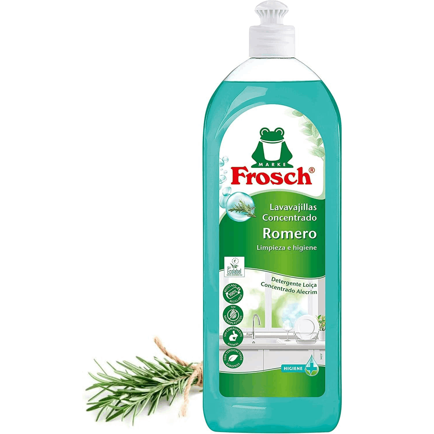 Frosch Lavavajillas Líquido Concentrado, Lavavajillas Detergente a Mano con Aroma a Romero, Limpieza e Higiene Eficaz, PH Neutro, Botella de 750 ml