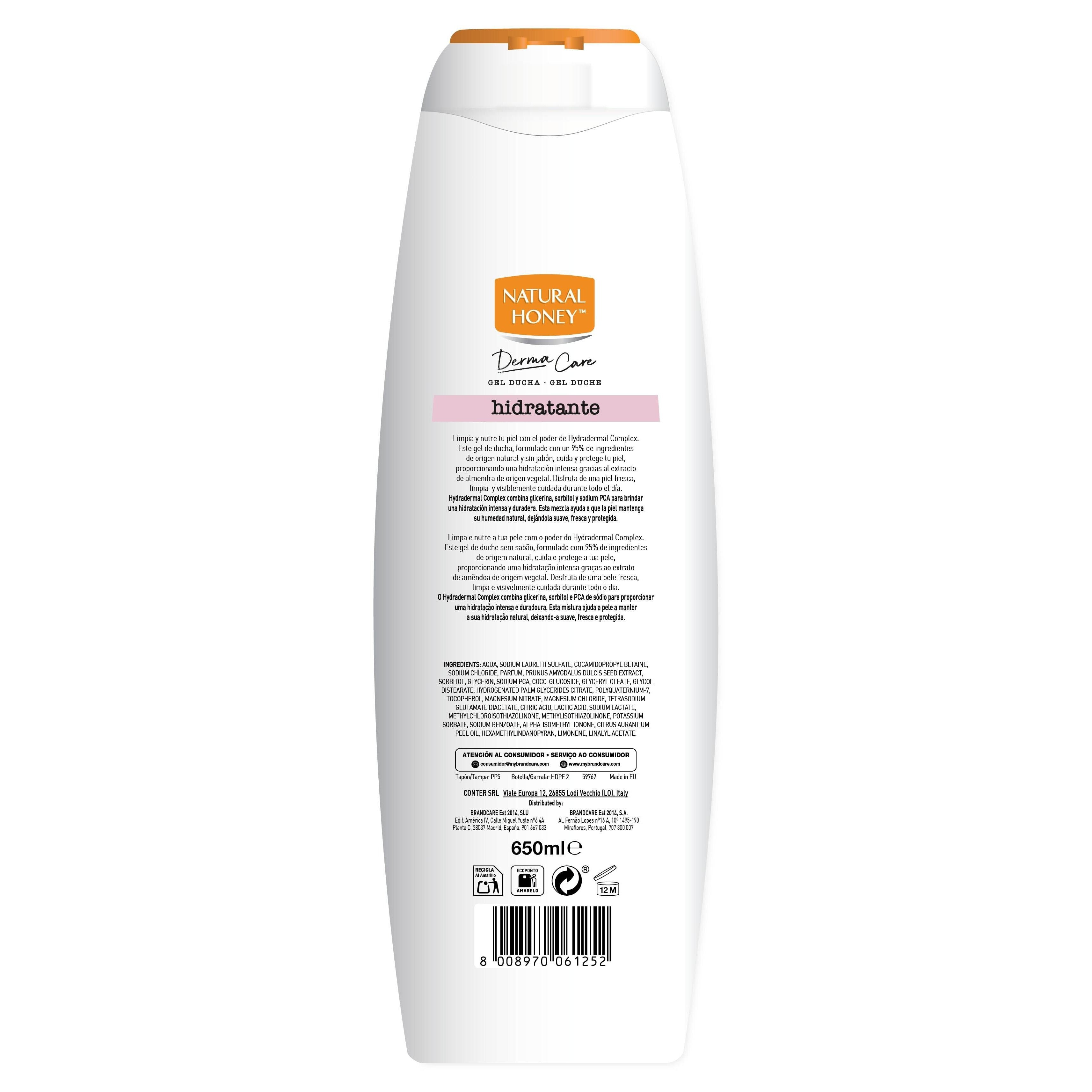 Natural Honey, Gel de Ducha Hidratante con Extracto de Almendras y Hydradermal Complex, Hidratación Intensa y Duradera para una Piel Suave, Fresca y Protegida, Línea Derma Care, 650 ml