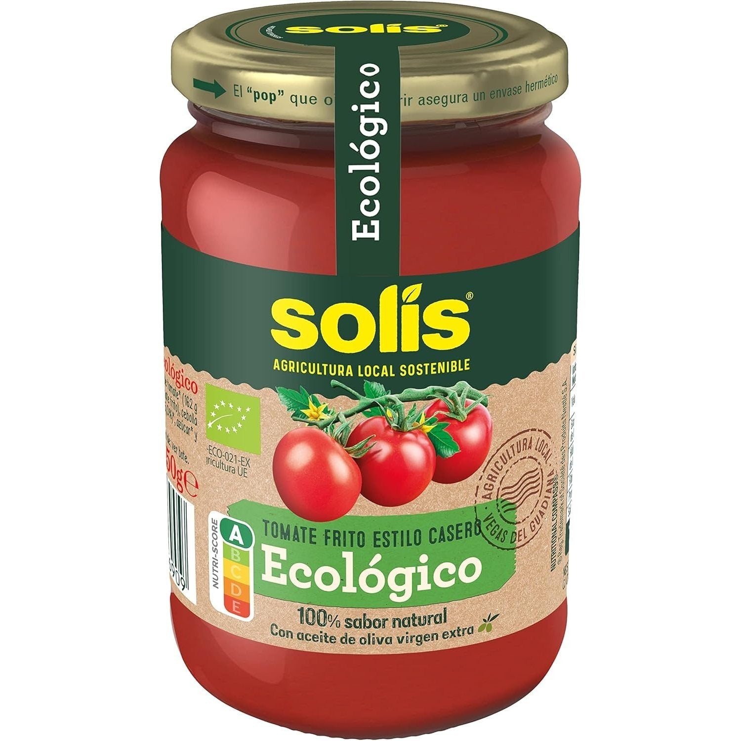 SOLÍS Tomate Frito Ecológico Frasco Cristal, 350g por Frasco, Tomate sin gluten