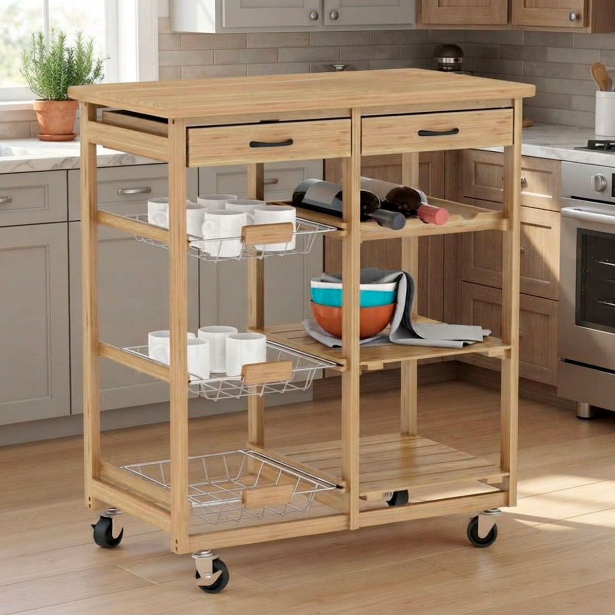 Carro Auxiliar de Cocina de Bambú con Ruedas, Carrito Organizador con 2 Cajones, Estantes y Cestas Extraíbles, Diseño Multifuncional para Almacenamiento y Servicio, 68 x 37 x 75 cm