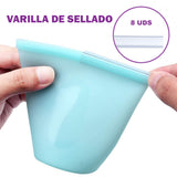 Set 8 Bolsas Reutilizables de Silicona con Ciere Hermético tipo Cremellera, Resistentes al Calor y al Frío, Fáciles de Lavar a Mano o en el Lavaplatos, Ideal para Viaje y Momentos Fuera de Casa, Medidas: 15×2,3×7,5cm - 17×3,5×13,5cm - 13x6x10,5cm - 15