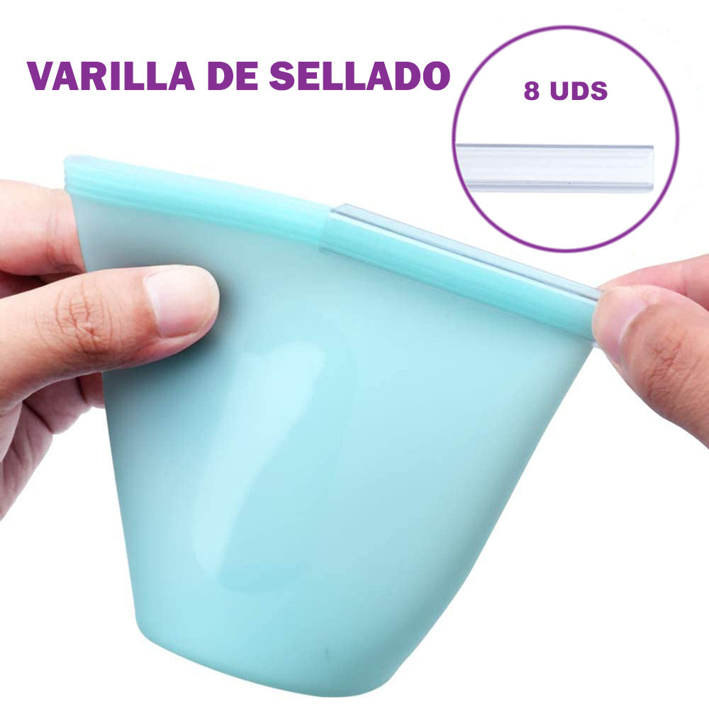 Set 8 Bolsas Reutilizables de Silicona con Ciere Hermético tipo Cremellera, Resistentes al Calor y al Frío, Fáciles de Lavar a Mano o en el Lavaplatos, Ideal para Viaje y Momentos Fuera de Casa, Medidas: 15×2,3×7,5cm - 17×3,5×13,5cm - 13x6x10,5cm - 15