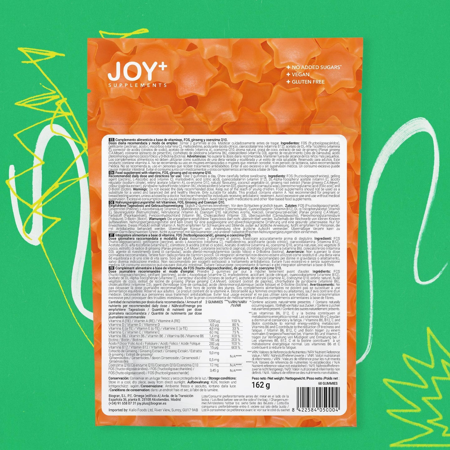 Gominolas de Energía Multivitamínicas con Ginseng y Coenzima Q10, Sabor Mandarina, 60 Gummies - Joy+ Supplements