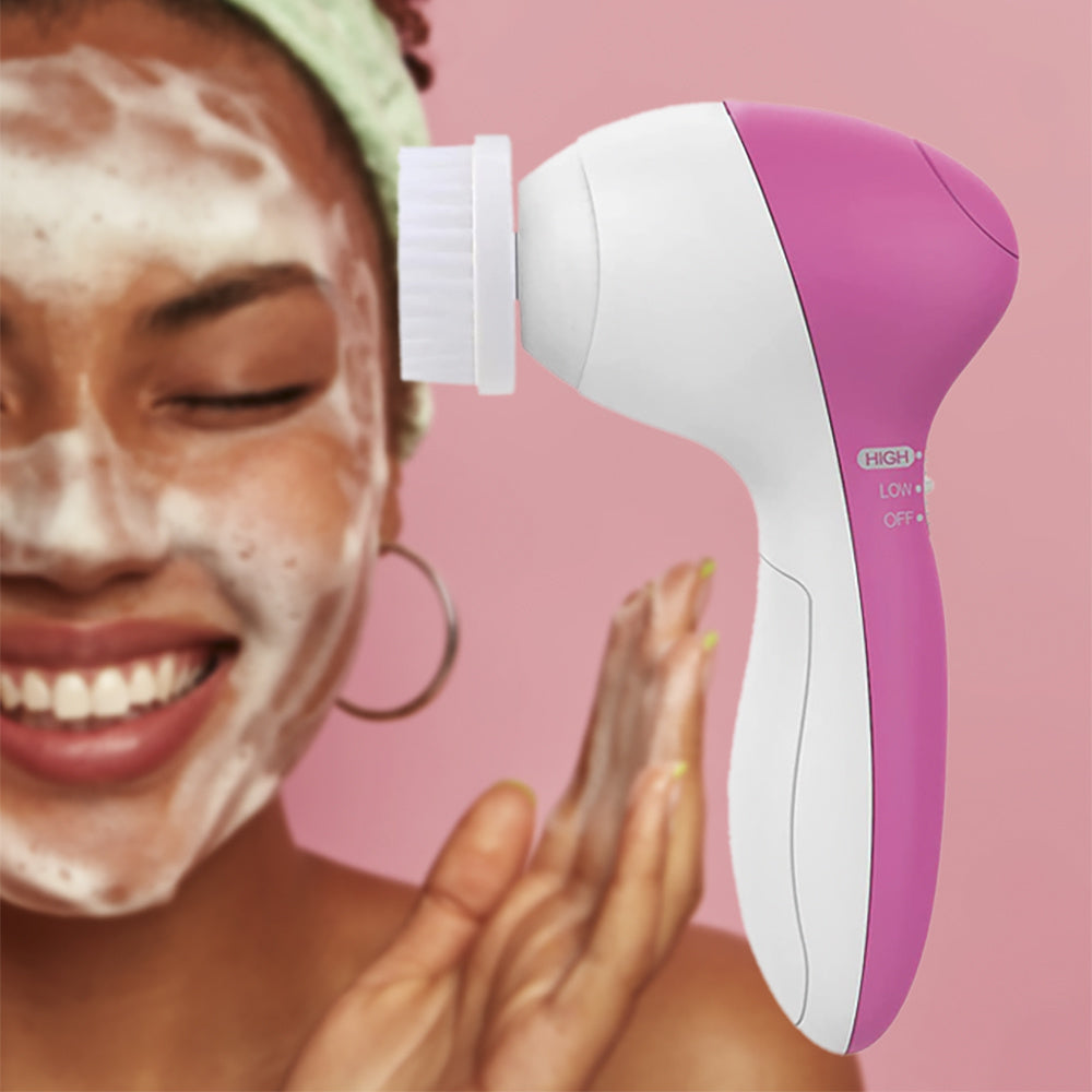 Cepillo Limpiador Facial Eléctrico 5 en 1, 2 Velocidades, Incluye Cabezal de Cepillo de Limpieza Profunda, Esponja para Maquillaje, Esponja para Masaje, Masajeador de Esferas, Disco Exfoliante, Funciona con 2 Pilas AA (No Incl)