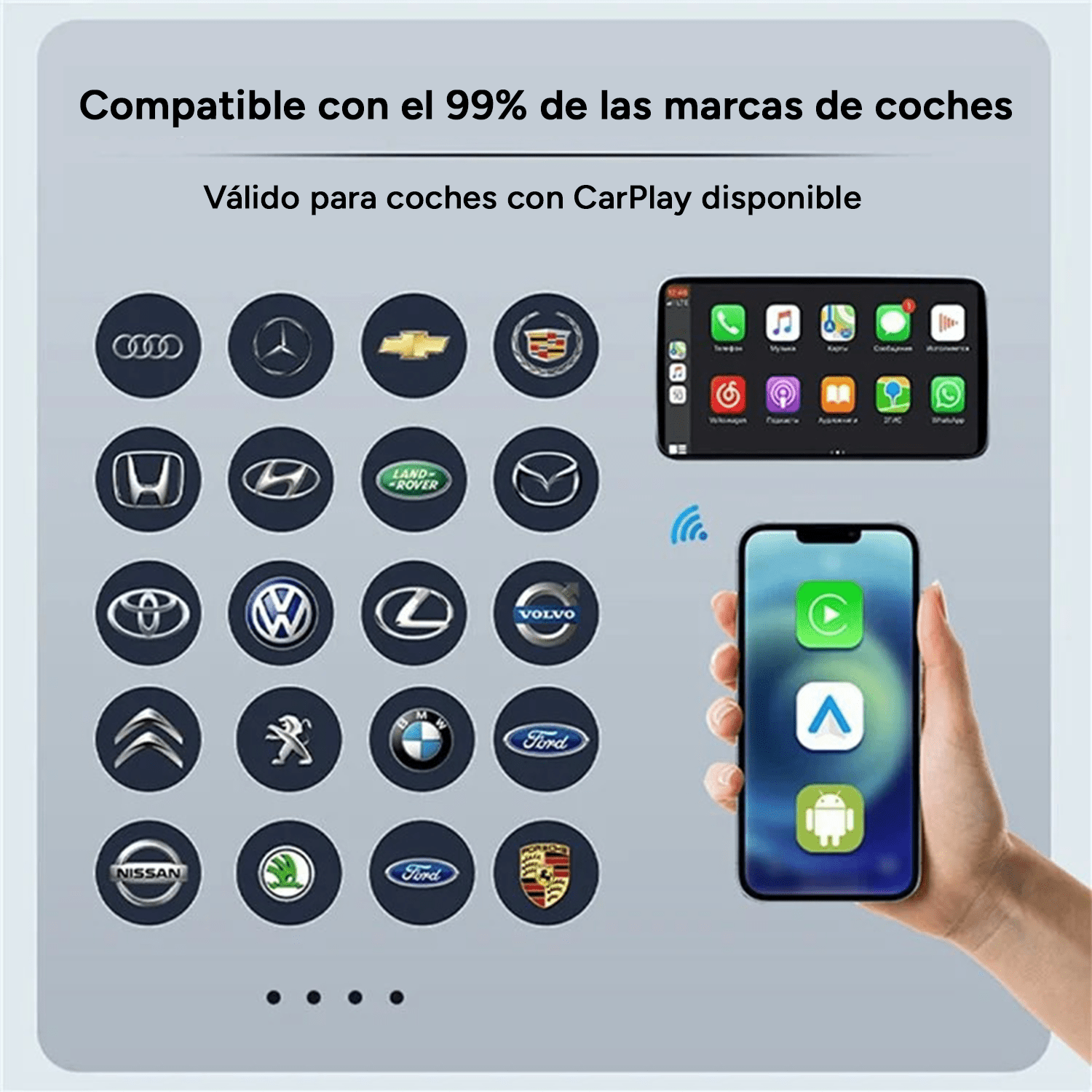 Adaptador CarPlay Inalámbrico compatible con CarPlay y Android Auto con Cable, Bluetooth 5.0, WiFi 5.8GHz, Procesador Quad-Core A53, Soporte Multimedia y Streaming, Diseño Compacto, Listo para Usar