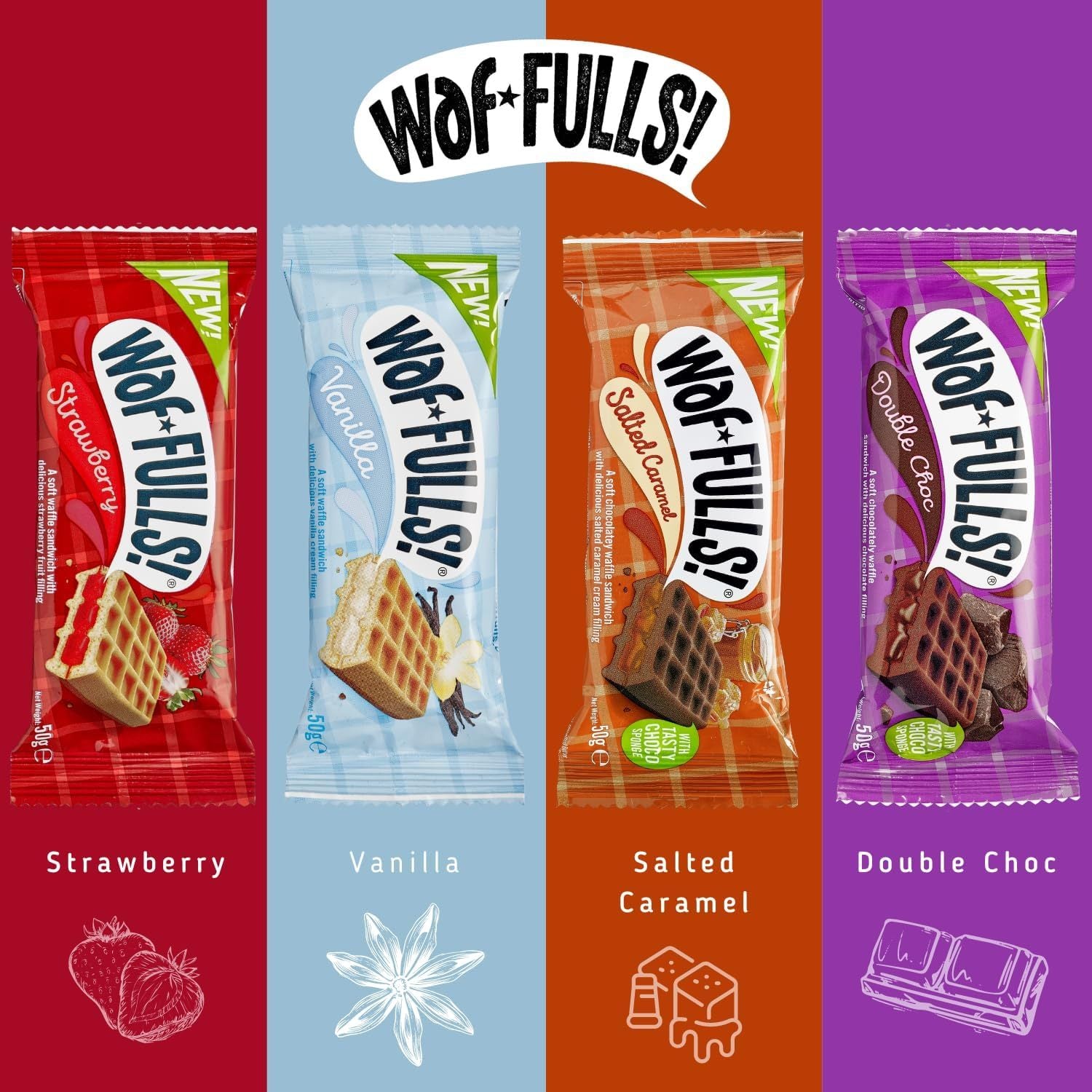 WafFULLS! Gofres de Sabores, 12 Gofres para Picoteo, Desayuno y Merienda, Barritas Esponjosas Rellenas, Gofres Envueltos Individualmente Listo para Comer, Caja con 12 Gofres