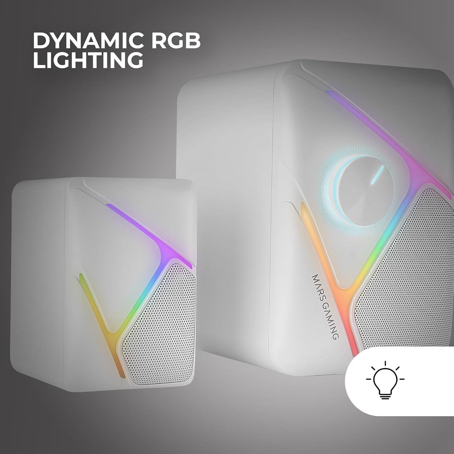 Mars Gaming MS-H21, Altavoces Gaming RGB 2.1 y Subwoofer 35W, Sistema Drivers Invertidos 3D Surround, Altavoces Compactos con Iluminación Dinámica RGB, Alimentación USB y Conector Jack 3.5mm, Blanco