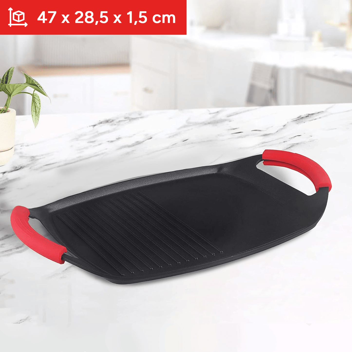 Sartén de Aluminio Fundido a Presión con Revestimiento Antiadherente, Plancha Grill Fácil de Limpiar, Asas de Silicona que Aíslan el Calor, Ideal para Cocinar de Forma Saludable, Compatible con Fuegos Eléctricos, Halógenos, Gas, Inducción y Vitrocerámica