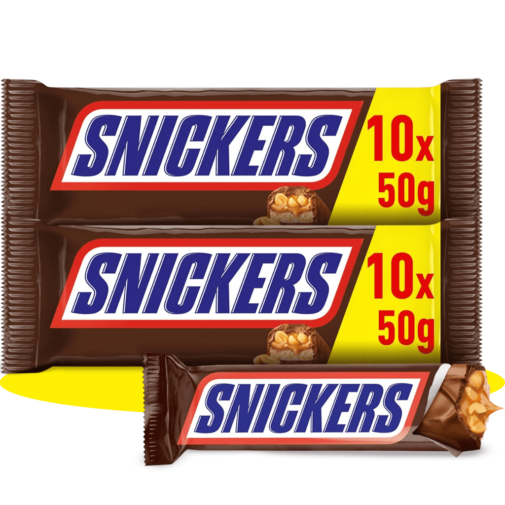 Snickers Barrita de Chocolate con Leche, Crema de Cacahuete, Caramelo y Cacahuetes, 20 Barritas de 50g