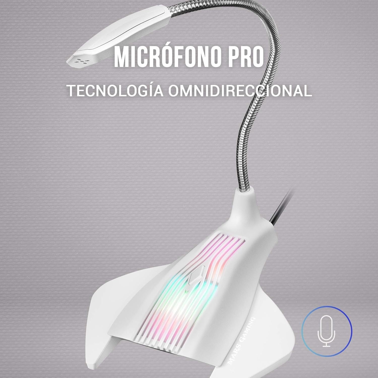 Mars Gaming MMIC, Micrófono Gaming USB Omnidireccional con Iluminación RGB Flow, Brazo Flexible, Botón Mute, Plug & Play, para Streaming y Gaming en PC, PS4, PS5, Mac, Blanco
