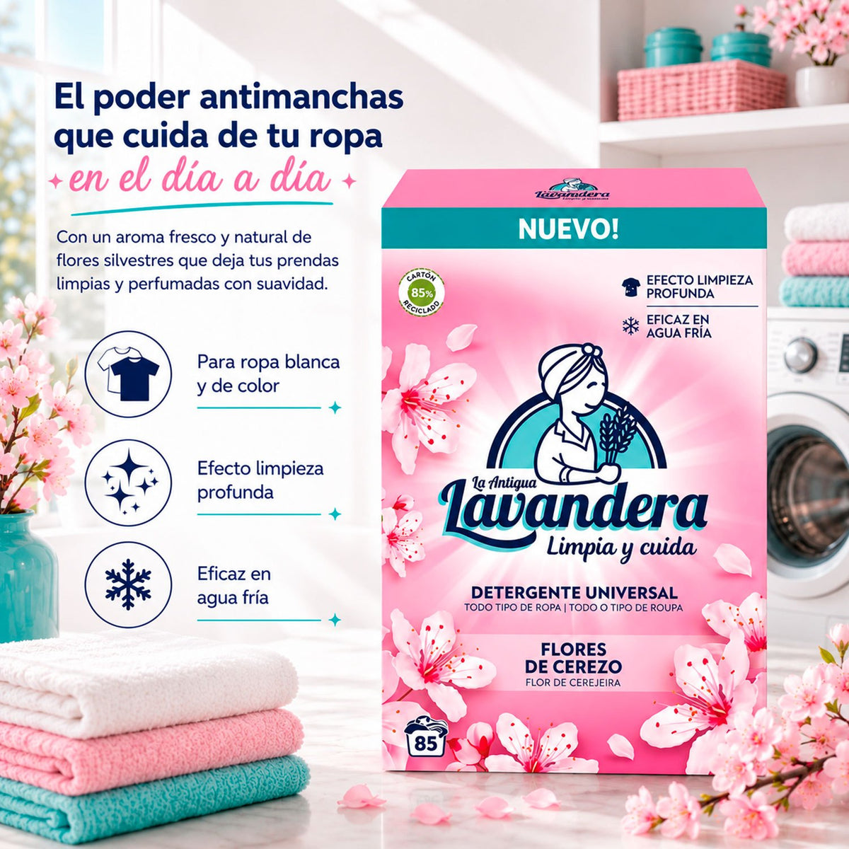La Antigua Lavandera Detergente en Polvo para Ropa, Aroma Flores de Cerezo, 85 Lavados