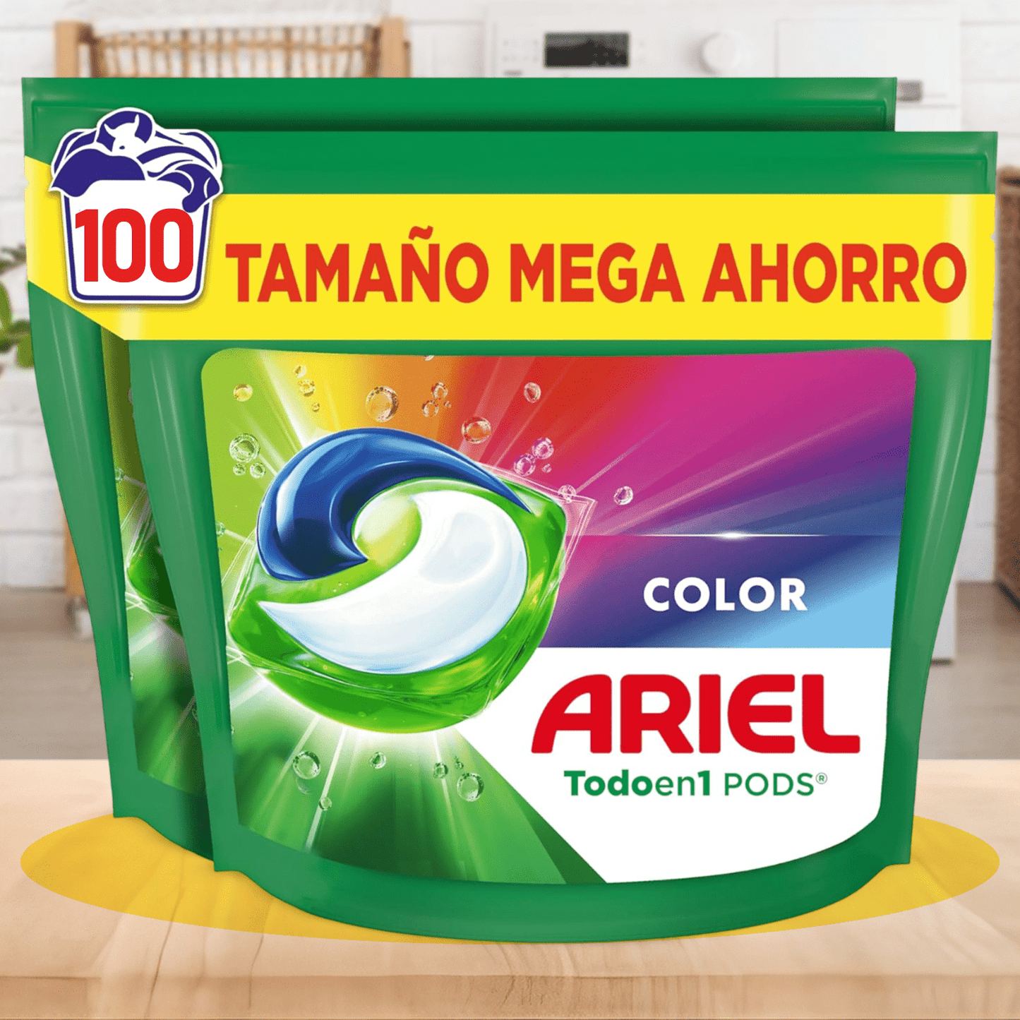 Ariel PODs Todo en 1 Detergente para Lavadora Liquido, Jabon Extra Cuidado del Color, Mas Color y Brillo, Limpieza Profunda, 100 Cápsulas