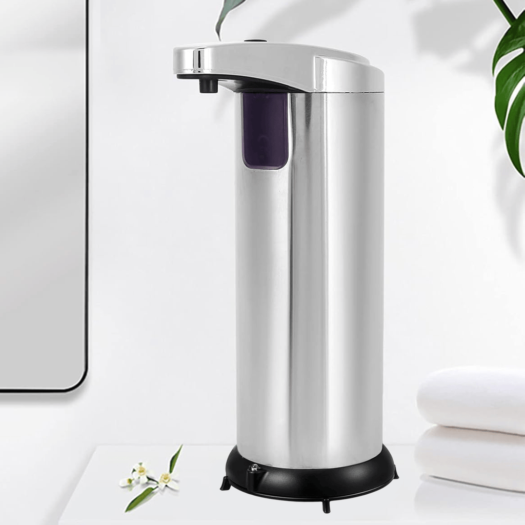 Dispensador Jabón Automático de Acero Inoxidable con Sensor, 250ml de Capacidad, Compatible con todo tipo de Jabón, Anti Goteo, Indicador Luminoso de Encendido, Funciona con 4 Pilas AAA (no incluidas), 3 Modos de Cantidad de Descarga de Jabón