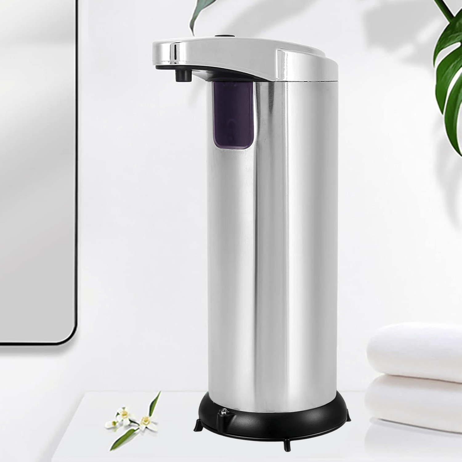 Dispensador Jabón Automático de Acero Inoxidable con Sensor, 250ml de Capacidad, Compatible con todo tipo de Jabón, Anti Goteo, Indicador Luminoso de Encendido, Funciona con 4 Pilas AAA (no incluidas), 3 Modos de Cantidad de Descarga de Jabón