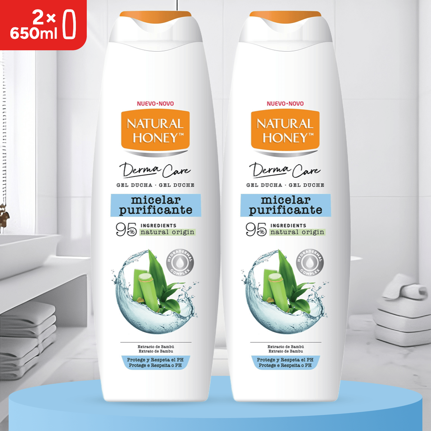 Natural Honey, Gel de Ducha Micelar Purificante con Extracto de Bambú, Hydradermal Complex y Micelas que Previenen la Sensación de Sequedad, Protege el pH Natural de la piel, Línea Derma Care, 650 ml